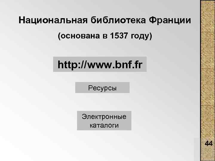 Национальная библиотека Франции (основана в 1537 году) http: //www. bnf. fr Ресурсы Электронные каталоги