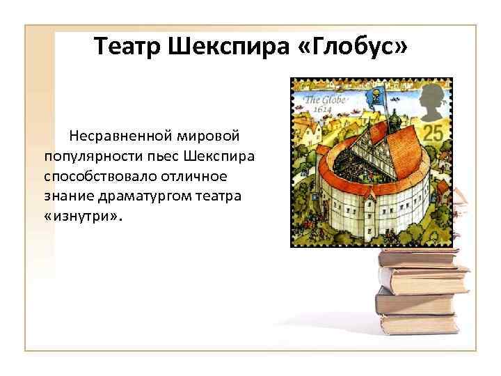 Театр Шекспира «Глобус» Несравненной мировой популярности пьес Шекспира способствовало отличное знание драматургом театра «изнутри»