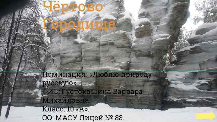 Чёртово Городище Номинация: «Люблю природу русскую» . ФИО: Густокашина Варвара Михайловна. Класс: 10 «А»