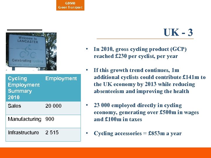 GDS 40 Green Transport UK - 3 • In 2010, gross cycling product (GCP)