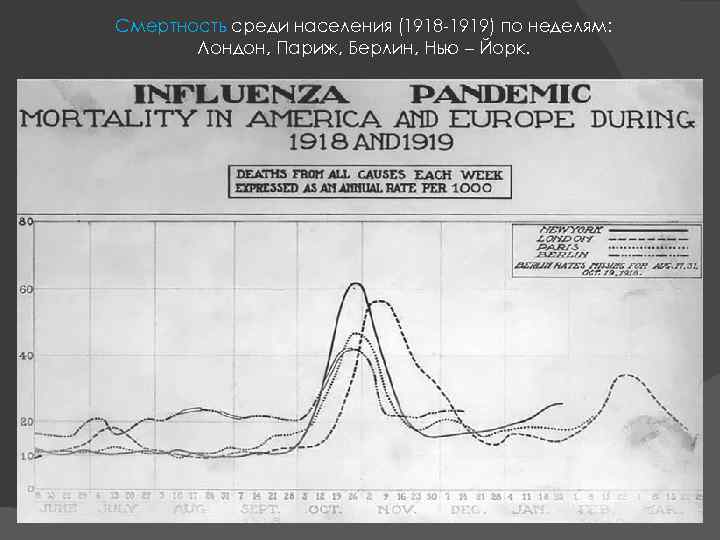 Смертность среди населения (1918 -1919) по неделям: Лондон, Париж, Берлин, Нью – Йорк. 