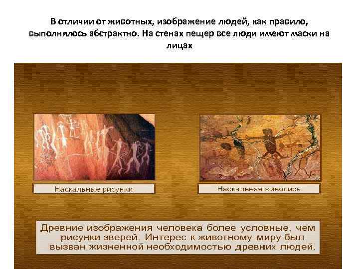 В отличии от животных, изображение людей, как правило, выполнялось абстрактно. На стенах пещер все