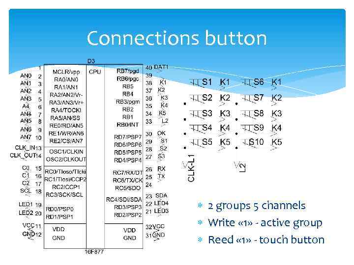 Connections button 2 groups 5 channels Write « 1» - active group Reed «