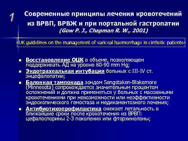 Современные принципы лечения кровотечений из ВРВП, ВРВЖ и при портальной гастропатии (Gow P. J.