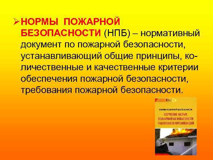 Ø НОРМЫ ПОЖАРНОЙ БЕЗОПАСНОСТИ (НПБ) – нормативный документ по пожарной безопасности, устанавливающий общие принципы,