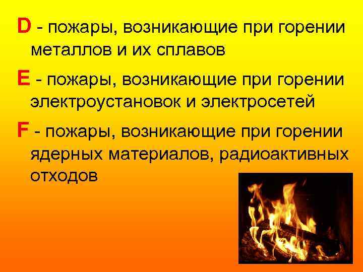 D - пожары, возникающие при горении металлов и их сплавов E - пожары, возникающие