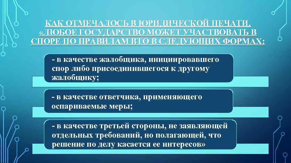 КАК ОТМЕЧАЛОСЬ В ЮРИДИЧЕСКОЙ ПЕЧАТИ, «ЛЮБОЕ ГОСУДАРСТВО МОЖЕТ УЧАСТВОВАТЬ В СПОРЕ ПО ПРАВИЛАМ ВТО