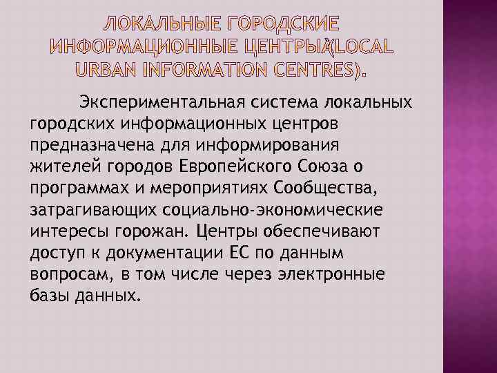 Экспериментальная система локальных городских информационных центров предназначена для информирования жителей городов Европейского Союза о