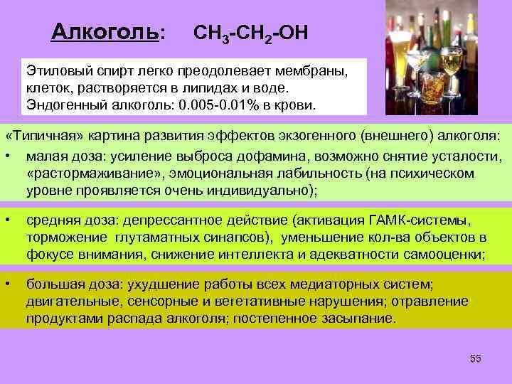 Алкоголь: СН 3 -СН 2 -ОН Этиловый спирт легко преодолевает мембраны, клеток, растворяется в