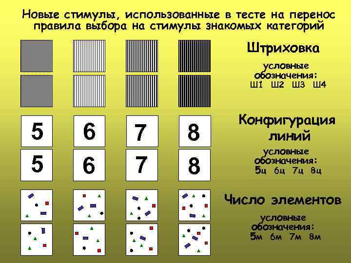 Новые стимулы, использованные в тесте на перенос правила выбора на стимулы знакомых категорий Штриховка