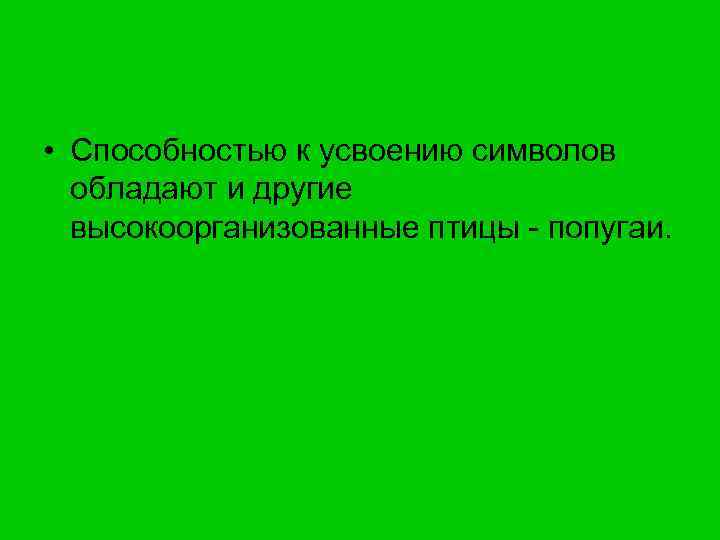  • Способностью к усвоению символов обладают и другие высокоорганизованные птицы - попугаи. 