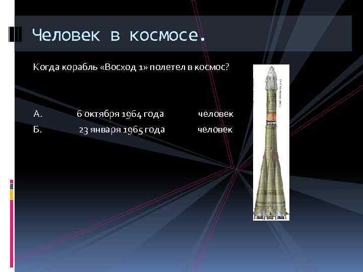 Человек в космосе. Когда корабль «Восход 1» полетел в космос? А. 6 октября 1964