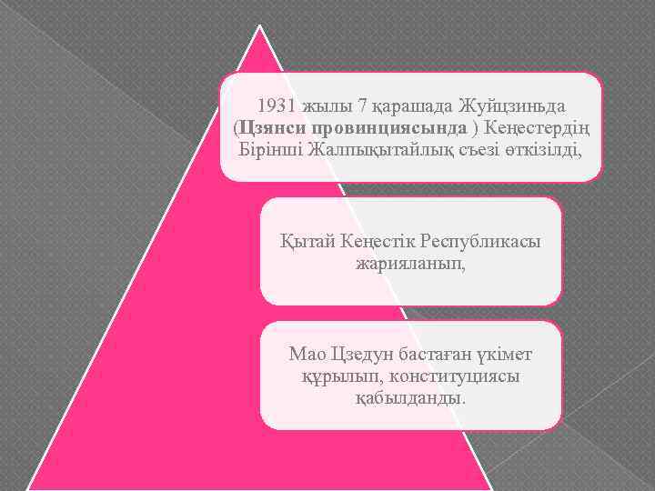 1931 жылы 7 қарашада Жуйцзиньда (Цзянси провинциясында ) Кеңестердің Бірінші Жалпықытайлық съезі өткізілді, Қытай