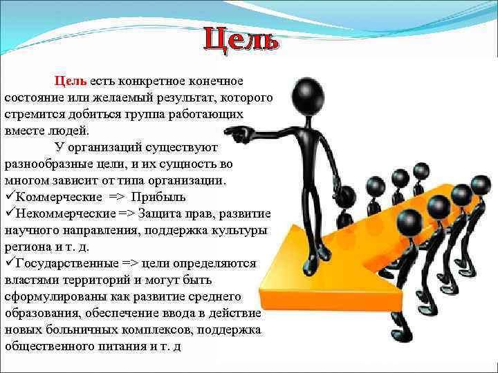 Цель есть конкретное конечное Цель состояние или желаемый результат, которого стремится добиться группа работающих
