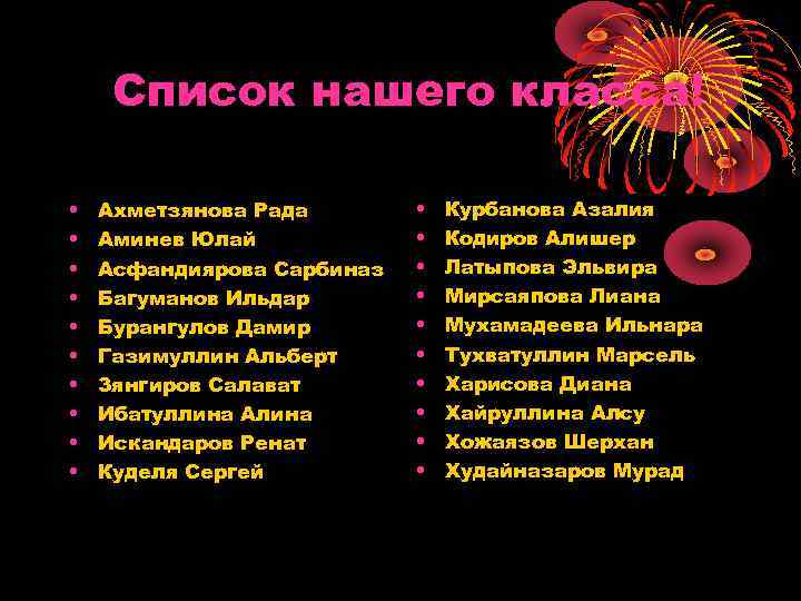 Список нашего класса! • • • Ахметзянова Рада Аминев Юлай Асфандиярова Сарбиназ Багуманов Ильдар