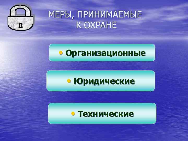 МЕРЫ, ПРИНИМАЕМЫЕ К ОХРАНЕ • Организационные • Юридические • Технические 
