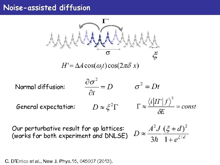 Noise-assisted diffusion s Normal diffusion: General expectation: Our perturbative result for qp lattices: (works