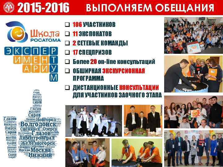 ВЫПОЛНЯЕМ ОБЕЩАНИЯ 2015 -2016 ВЫПОЛНЯЕМ ОБЕЩАНИЯ q q q 106 УЧАСТНИКОВ 11 ЭКСПОНАТОВ 2