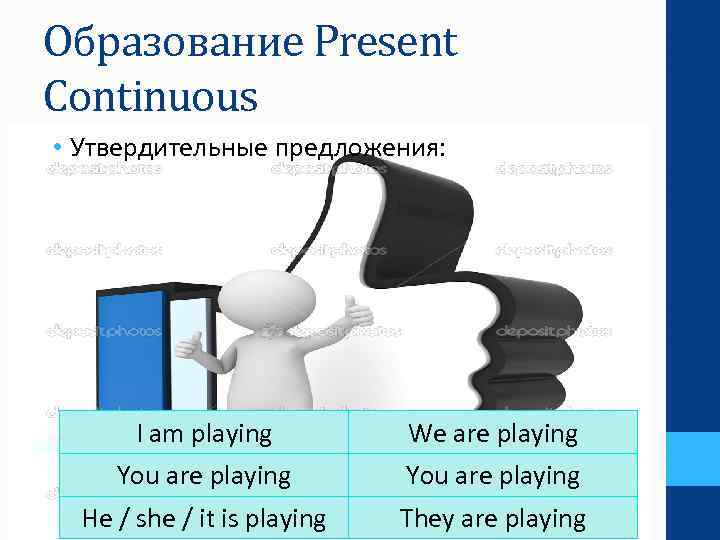 Образование Present Continuous • Утвердительные предложения: I am playing We are playing You are