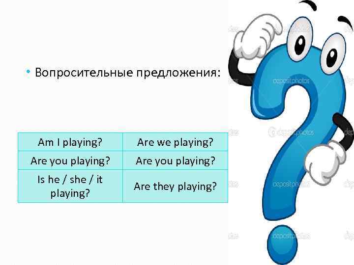  • Вопросительные предложения: Am I playing? Are we playing? Are you playing? Is