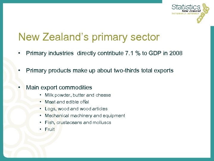New Zealand’s primary sector • Primary industries directly contribute 7. 1 % to GDP
