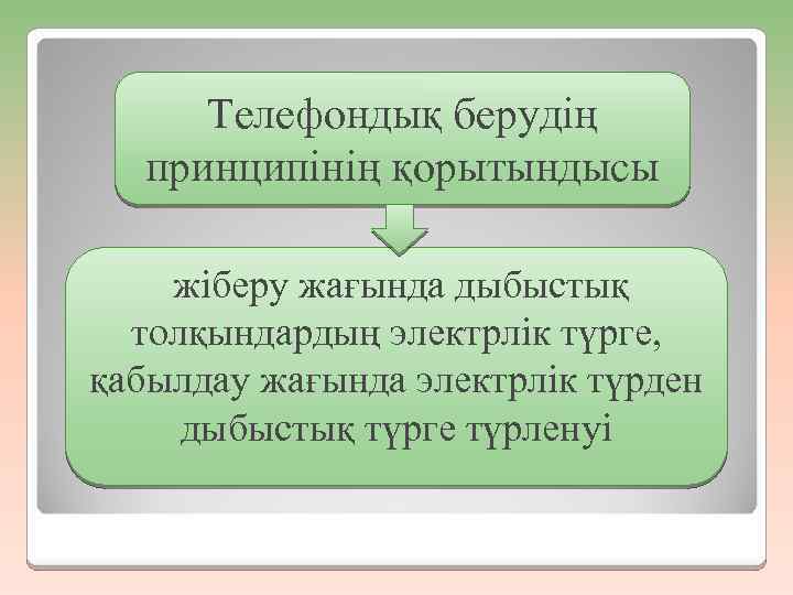 Телефондық берудің принципінің қорытындысы жіберу жағында дыбыстық толқындардың электрлік түрге, қабылдау жағында электрлік түрден