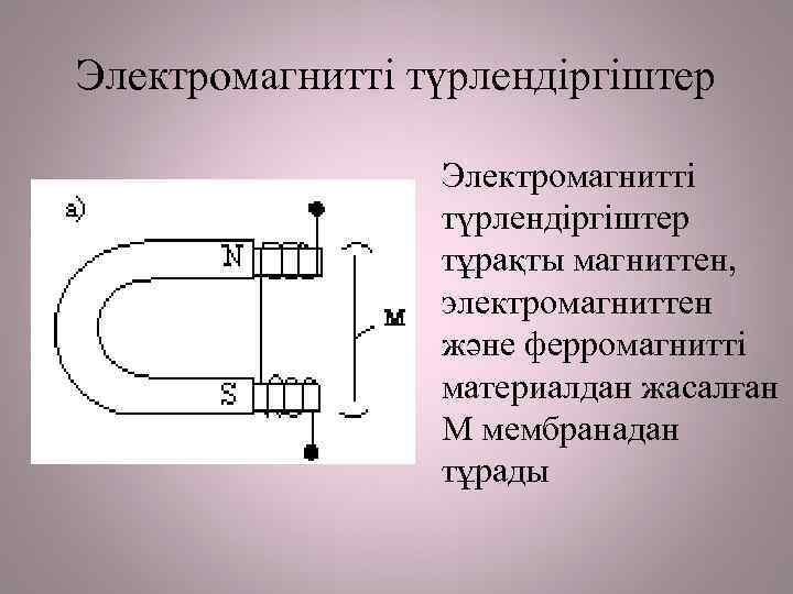 Электромагнитті түрлендіргіштер тұрақты магниттен, электромагниттен және ферромагнитті материалдан жасалған М мембранадан тұрады 
