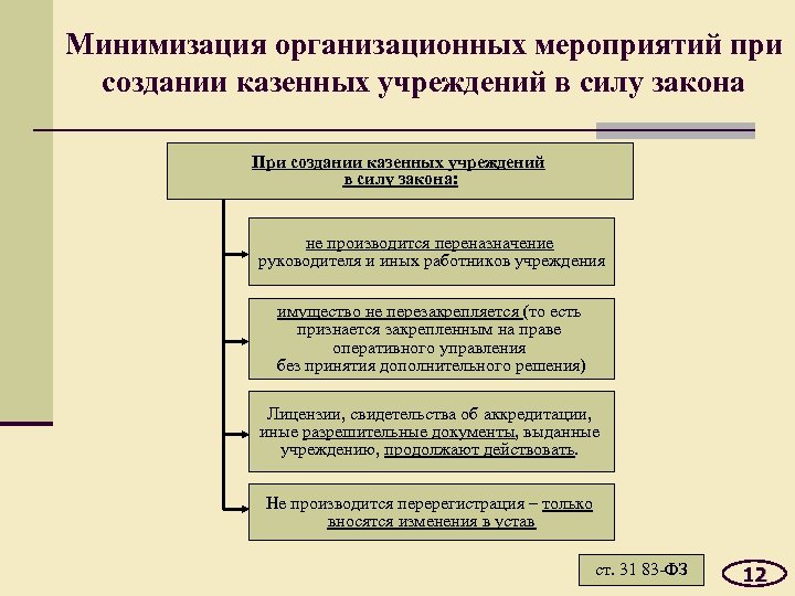 Минимизация организационных мероприятий при создании казенных учреждений в силу закона При создании казенных учреждений