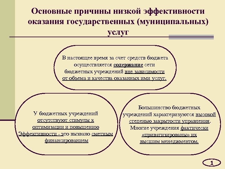 Основные причины низкой эффективности оказания государственных (муниципальных) услуг В настоящее время за счет средств