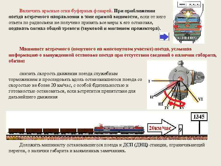 Включить красные огни буферных фонарей. При приближении поезда встречного направления в зоне прямой видимости,