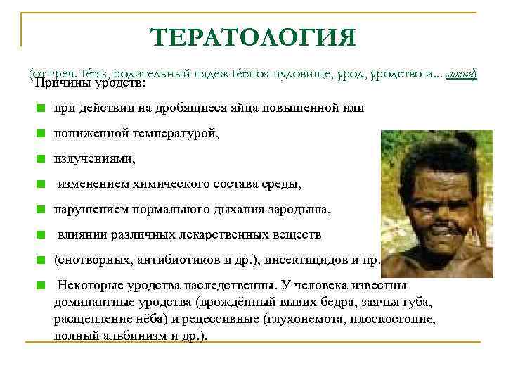 ТЕРАТОЛОГИЯ (от греч. téras, родительный падеж tératos-чудовище, уродство и. . . логия) Причины уродств: