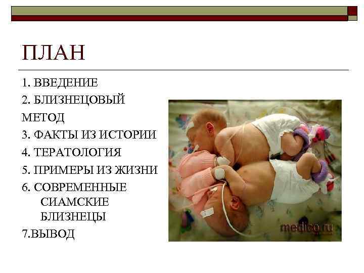 ПЛАН 1. ВВЕДЕНИЕ 2. БЛИЗНЕЦОВЫЙ МЕТОД 3. ФАКТЫ ИЗ ИСТОРИИ 4. ТЕРАТОЛОГИЯ 5. ПРИМЕРЫ