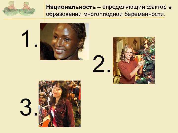 Национальность – определяющий фактор в образовании многоплодной беременности. 1. 3. 2. 