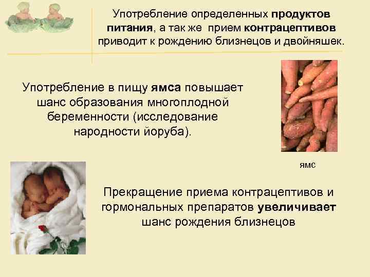 Употребление определенных продуктов питания, а так же прием контрацептивов питания приводит к рождению близнецов