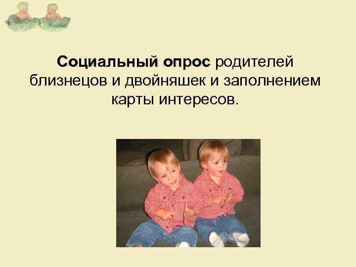 Социальный опрос родителей близнецов и двойняшек и заполнением карты интересов. 