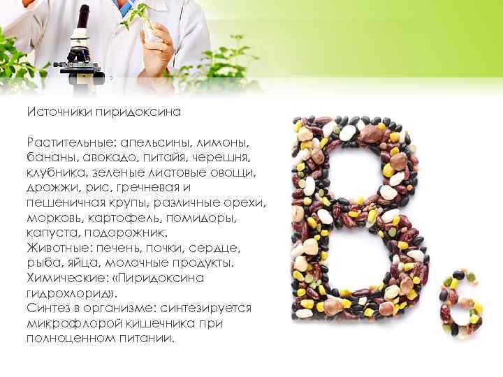Источники пиридоксина Растительные: апельсины, лимоны, бананы, авокадо, питайя, черешня, клубника, зеленые листовые овощи, дрожжи,