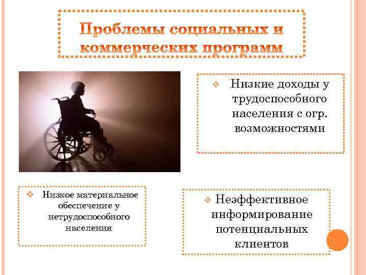 v v Низкое материальное обеспечение у нетрудоспособного населения Низкие доходы у трудоспособного населения с