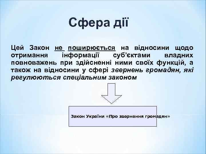 Сфера дії Цей Закон не поширюється на відносини щодо отримання інформації суб’єктами владних повноважень