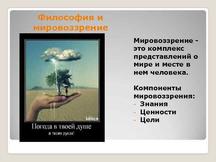 Философия и мировоззрение Мировоззрение это комплекс представлений о мире и месте в нем человека.