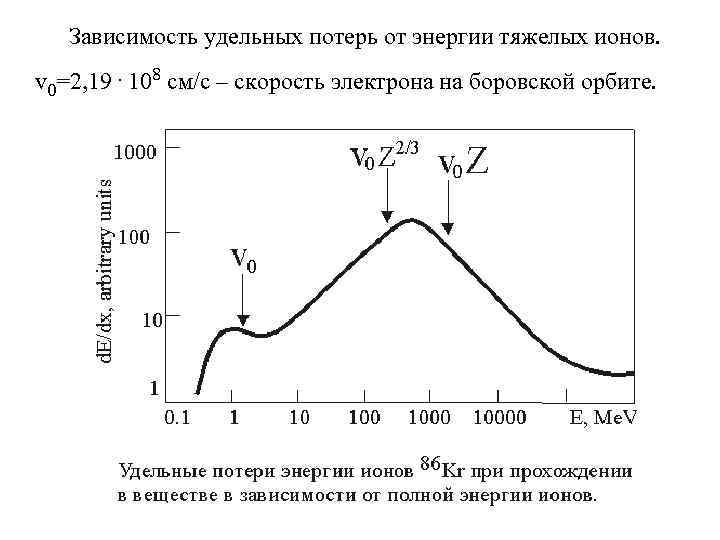 Зависимость удельных потерь от энергии тяжелых ионов. v 0=2, 19. 108 см/с – скорость