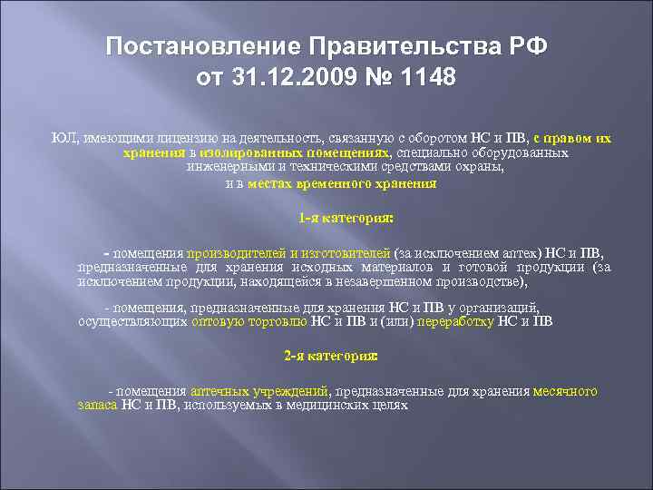 Постановление Правительства РФ от 31. 12. 2009 № 1148 ЮЛ, имеющими лицензию на деятельность,