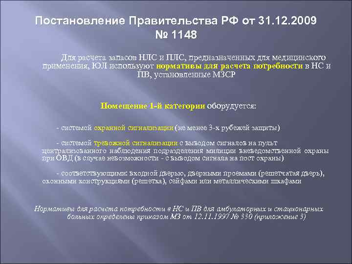 Постановление Правительства РФ от 31. 12. 2009 № 1148 Для расчета запасов НЛС и