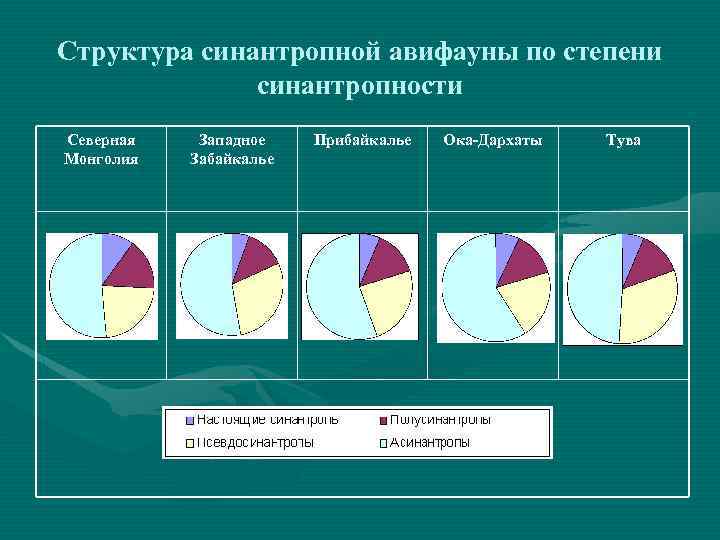 Структура синантропной авифауны по степени синантропности Северная Монголия Западное Забайкалье Прибайкалье Ока-Дархаты Тува 