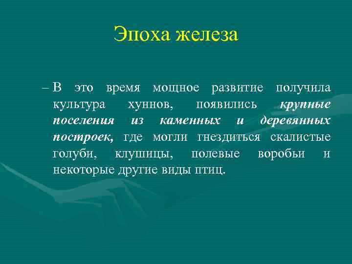 Эпоха железа – В это время мощное развитие получила культура хуннов, появились крупные поселения