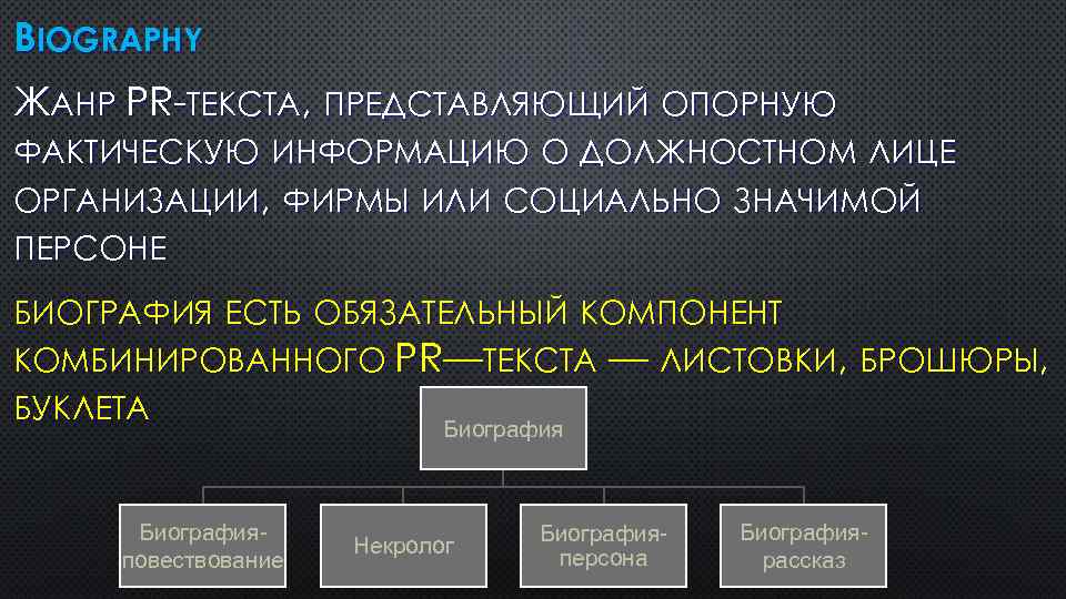 BIOGRAPHY ЖАНР PR ТЕКСТА, ПРЕДСТАВЛЯЮЩИЙ ОПОРНУЮ ФАКТИЧЕСКУЮ ИНФОРМАЦИЮ О ДОЛЖНОСТНОМ ЛИЦЕ ОРГАНИЗАЦИИ, ФИРМЫ ИЛИ