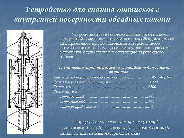 Устройство для снятия оттисков с внутренней поверхности обсадных колонн Устройство предназначено для снятия оттисков