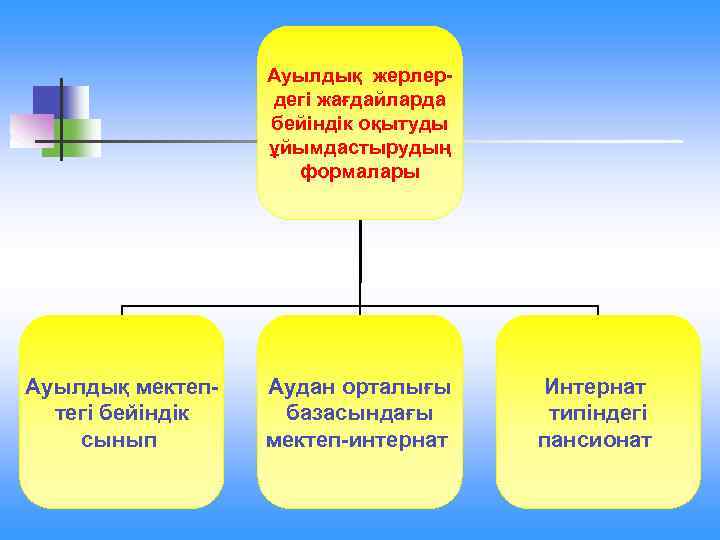 Ауылдық жерлердегі жағдайларда бейіндік оқытуды ұйымдастырудың формалары Ауылдық мектептегі бейіндік сынып Аудан орталығы базасындағы