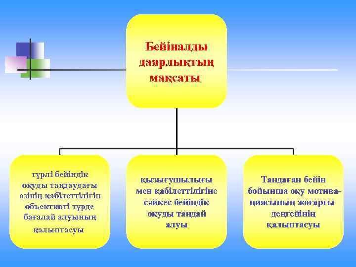 Бейіналды даярлықтың мақсаты түрлі бейіндік оқуды таңдаудағы өзінің қабілеттілігін объективті түрде бағалай алуының қалыптасуы
