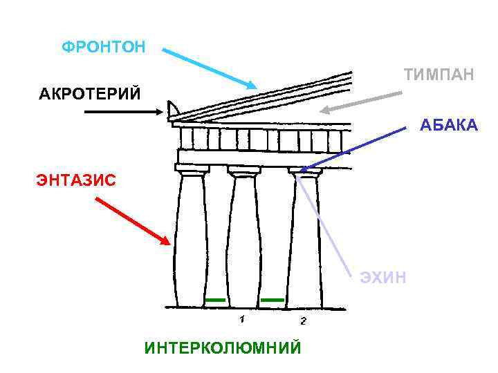 ФРОНТОН ТИМПАН АКРОТЕРИЙ АБАКА ЭНТАЗИС ЭХИН ИНТЕРКОЛЮМНИЙ 