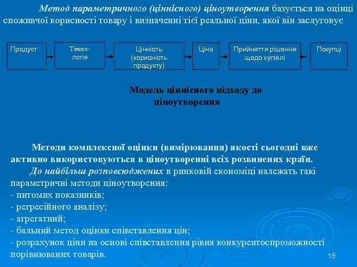 Метод параметричного (ціннісного) ціноутворення базується на оцінці споживчої корисності товару і визначенні тієї реальної